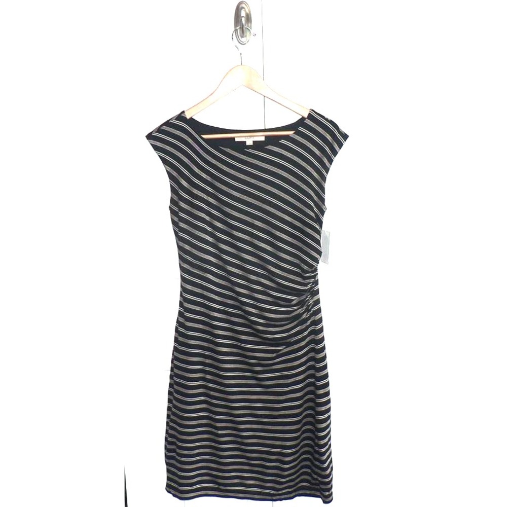 Ann Taylor Loft Women's Sleeveless Side Ruched Striped Dress in Black & Tan XS - Picture 2 of 9